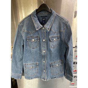 Vintage CHORE JACKET Gap XL Stretch Denim Blue 4 Pockets Snap Closure
